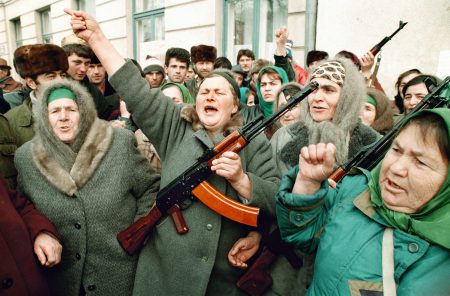 Picture taken on December 15, 1994 shows Chechen women during an anti-Russia rally in front of the Chechen parliament building in Grozny. Russia on April 16, 2009 ended an anti-terror operation in Chechnya that has been in place for a decade, amid growing stability in the territory torn by two wars since the collapse of Communism. AFP PHOTO / ALEXANDER NEMENOV (Photo credit should read ALEXANDER NEMENOV/AFP/Getty Images)