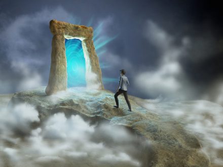 Ancient stone gate opening to another dimension. Digital illustration.